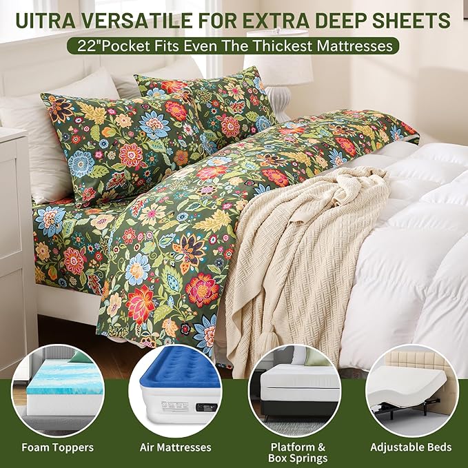 Bedlifes Queen Size Extra Deep Pocket Sheet Sets - Fits Mattresses Up to 18-24" Thick, 4-Piece Microfiber Set with 1800 Thread Count, Soft, Smooth, Breathable, Featuring Floral Dark Green
