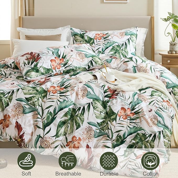 Bedding_Dreamer 100% Cotton Comforter Set Floral King Bedding Green Palm Leaf Comforter Set Botanical Home Decor 3 Pcs with 2 Pillowcases Reversible for All Season