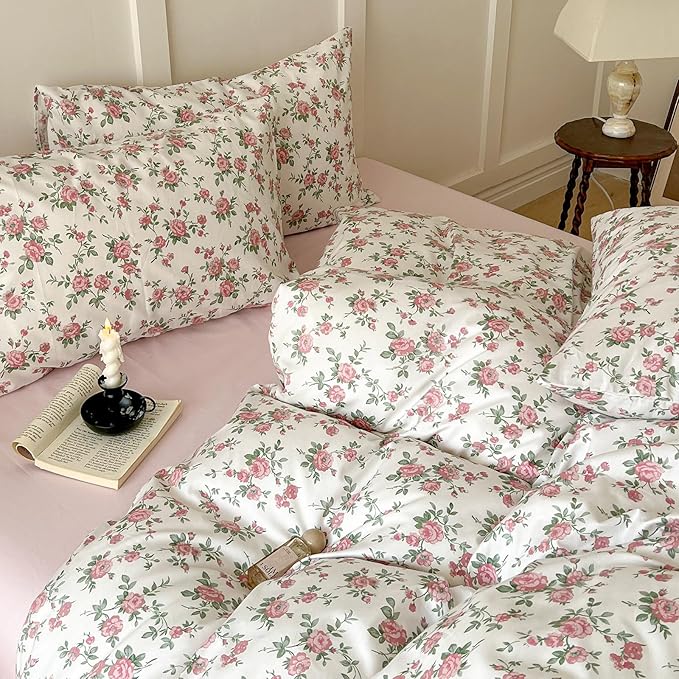 Pink Floral Duvet Cover Queen Soft Cotton Girls Cottagecore Bedding Set Botanical Peach Flower Comforter Cover with Zipper Closure Vintage Country Bedding Aesthetic Duvet Cover with 2 Pillowcases