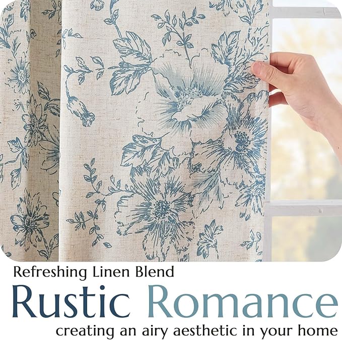 jinchan Blackout Linen Blend Curtain Floral Blackout Curtains for Living Room 63 Inch Length Blue Printed with Lined Blackout Curtain for Bedroom Farmhouse Curtains Set 2 Panels