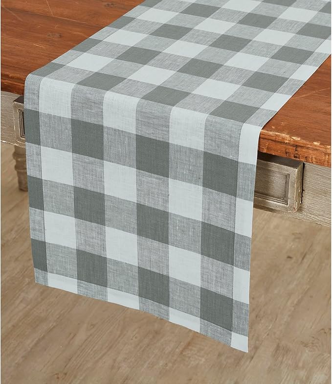 Solino Home Linen Checkered Table Runner 132 Inches Long - 100% Pure Linen Buffalo Check Grey and White Table Runner 14 x 132 Inch Ideal for Dining, Winter, Spring, Easter