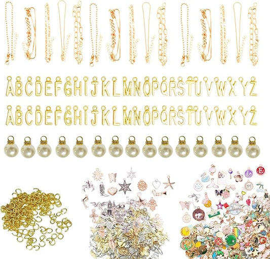 ZSJTYHX Gold Charms Bracelet Making Kit,Charms for Jewelry Making Supplies 362pcs DIY Bulk Heart Star Letter Accessories Silver Crafts for Adults Women Flower Beads Fashion Pearl Trendy Assorted Bag