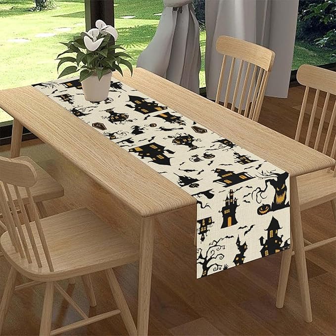 Halloween Table Runner, Retro Gothic Spoonky House Day of Death Mysterious Halloween Coffee Table Center Decor for Home Kitchen Dining Patio Holiday Party Table Decorations 13x36 inches