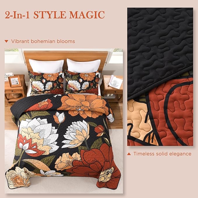 Andency Floral Boho Quilt Super King Plus Size Bedding Set Black, 3 Pieces Farmhouse Flower Botanical Summer Bedspreads with 2 Shams, Soft Reversible Microfiber Coverlet Set for All Season, 128"x120"