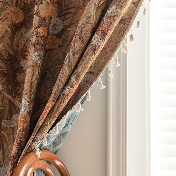 ENJOYBRIDAL Dandelion Curtains 63 Inches Long Bedroom Boho Drapes Short Semi Sheer Jacquard Rod Pocket Window Curtain Panels Vintage Living Room 2 Panels Decorative Tassel Farmhouse Window Treatments