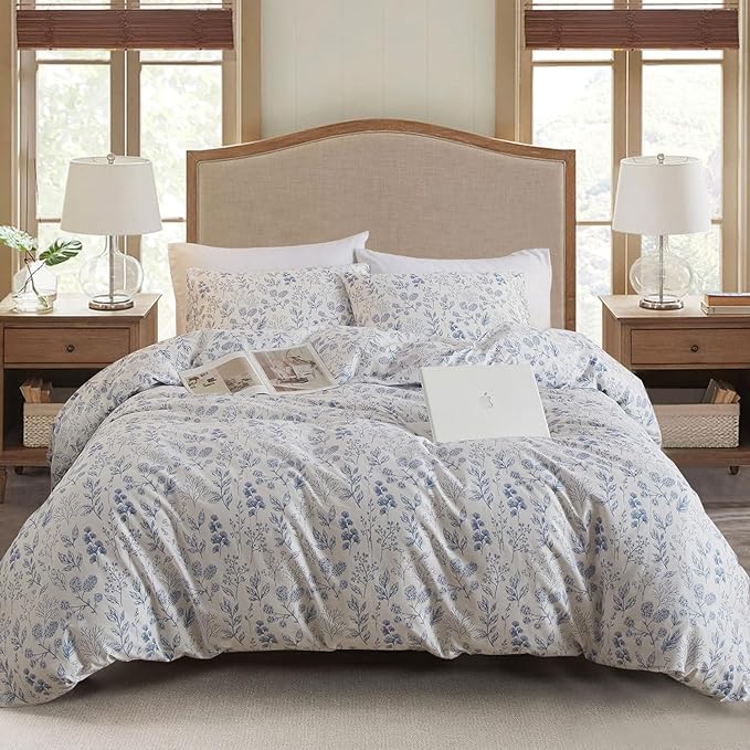 EAVD Cotton Bed Linen Set, Twin XL - Vintage Style Garden Blue Floral Duvet Cover with 2 Pillowcases