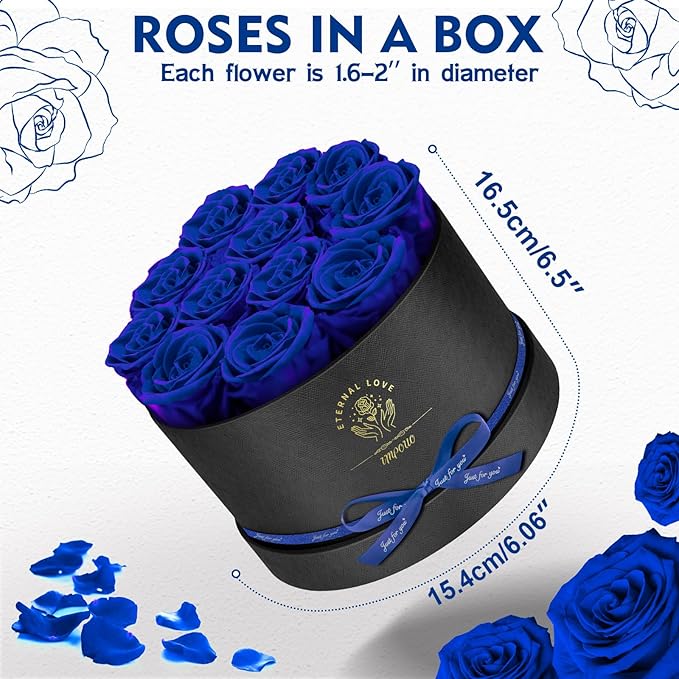 Forever Flowers,12 Roses in A Box，Real Preserved Roses，Birthday Gift for Women,Mother's Day, Anniversary - Blue Rose