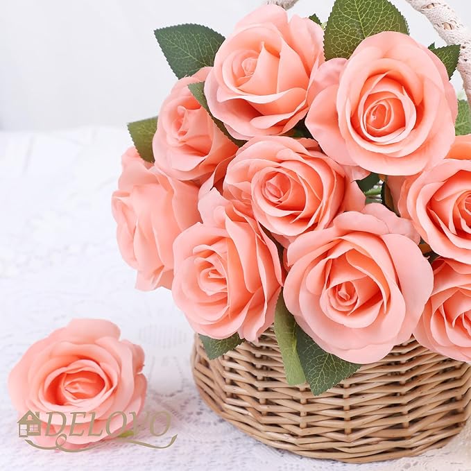 52pcs Coral Peach Roses Artificial Flowers Fake Flowers Silk Roses with Stems for DIY Wedding Bouquets Bridal Shower Centerpieces Arrangements Party Decorations