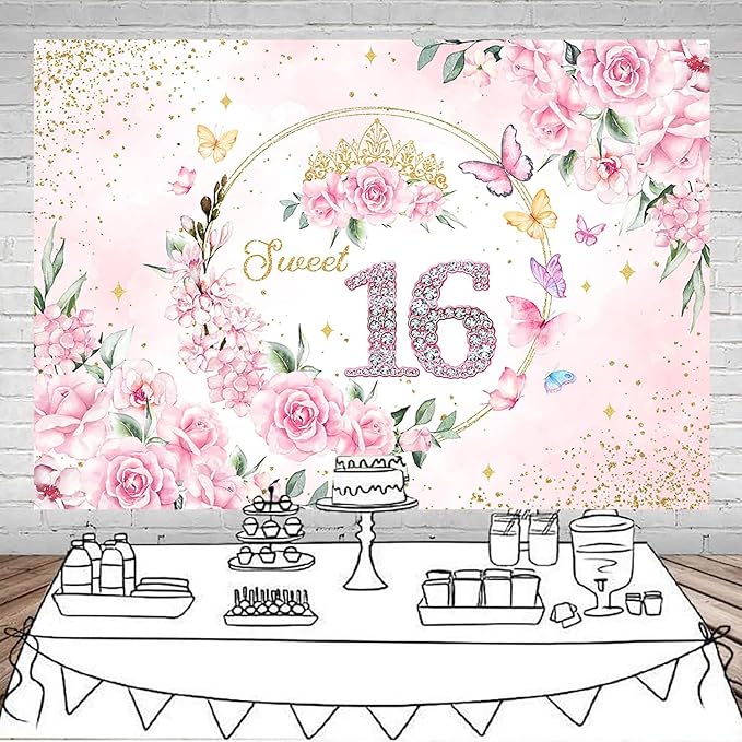 Mocsicka Sweet 16 Backdrop Rose Gold Sweet Sixteen Party Decoration Girls Pink Floral Gold Glitter Butterfly 16 Birthday Banner for Photoshoot (6x4ft)