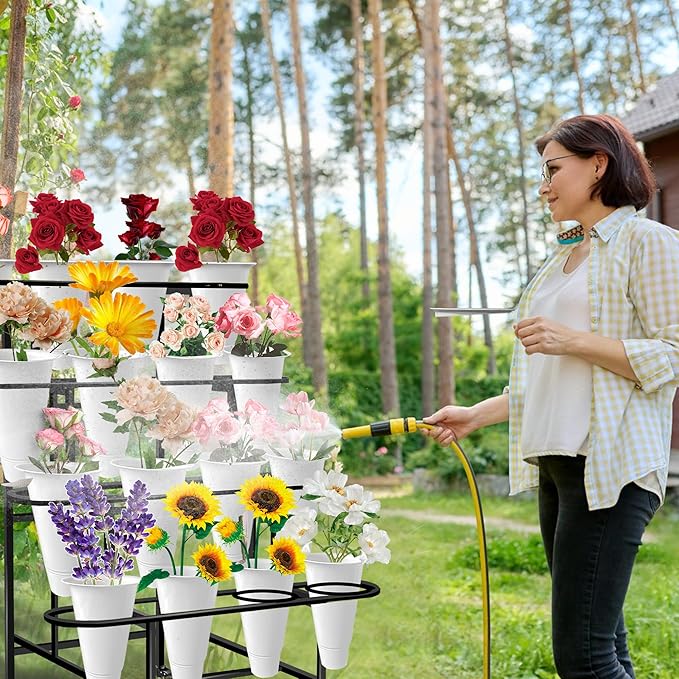 Flower Display Stand with 16PCS Buckets, 4 Layers Flower Cart Display Stand with Wheels Heavy Duty Metal Flower Bar Stand for Florist Shop, Patio Garden and Living Room - Black