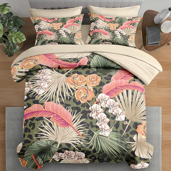 Comforter Set Queen Size, Summer Tropical Flowers 7 Pcs Bedding for Kids and Adults, Hawaiian Palm Leaf Leaves Bed Sheet Sets with Fitted Sheet 2 Pillowcase & 2 Sham for Bedroom Bed Decor
