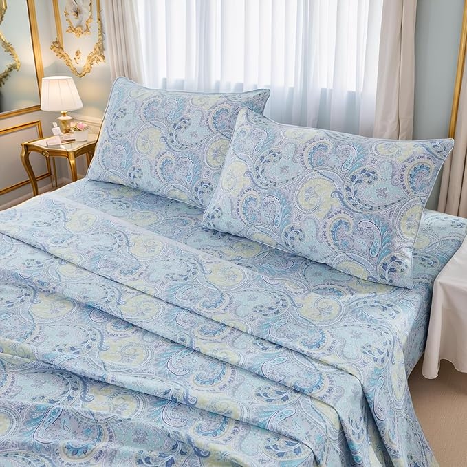 Brandream King Size Sheet Set Luxury Floral Boho Medallion Blue Paisley Bedding Collections 800 Thread Count 100% Egyptian Cotton Deep Pocket, 4 Piece