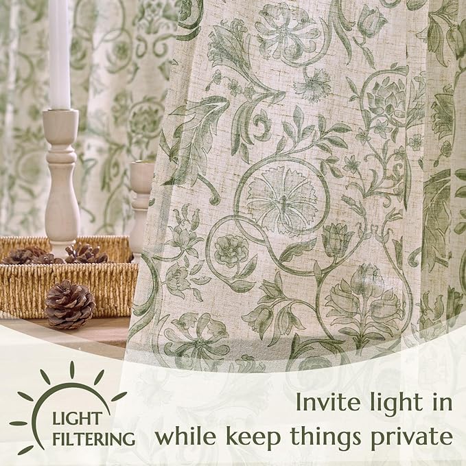 jinchan Linen Floral Curtains for Living Room with Printed Flower 84 Inches Long Light Filtering Farmhouse Window Treatment Vintage Drapes Back Tab Rod Pocket 2 Panels Green on Beige