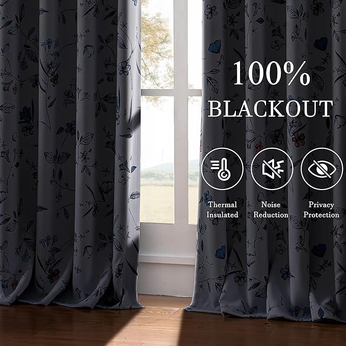 ChrisDowa 100% Blackout Floral Curtains 72 Inches Long 2 Panels for Bedroom Living Room Navy Blue Flower Patterned Room Darkening Thermal Insulated Soundproof Grommet Window Treatments Drapes,52X72