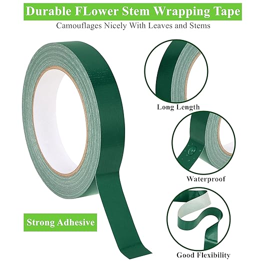 Green Flower Arrangement Tape 2 Pack 3/4" Flower Stem Wrap Adhesive Tape Wedding Bouquet Stem Wrapping Tape for Binding Flowers and Floral Crafts (2PCS, 3/4”x98FT/Roll)
