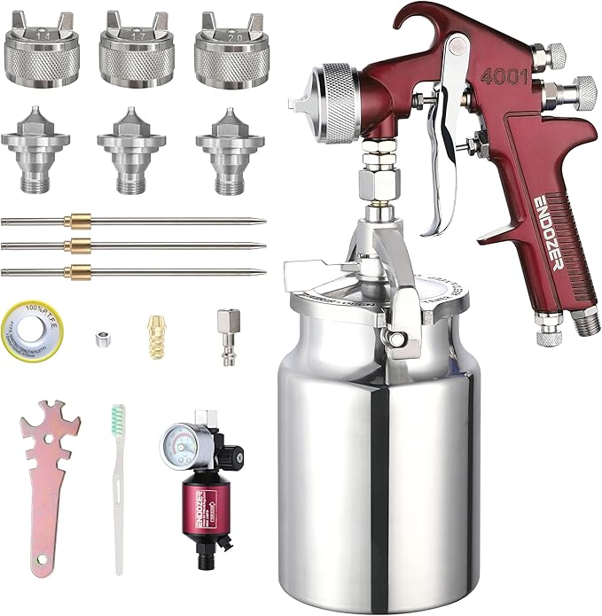 ENDOZER Professional Siphon Feed Spray Gun for Paint, Red Handle, 34 oz -1.4 1.7 2.0mm Nozzle for a Variety of Low Viscosity Paints（Red）