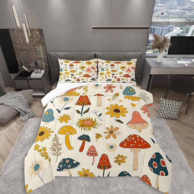 Castle Fairy Retro Mushroom Flowers Comforter Set Full Size,70s 60s Groovy Bedding Comforters Room Decor,Vintage Boho Plant Floral Quilt Set with 2 Pillowcases,Teens Present