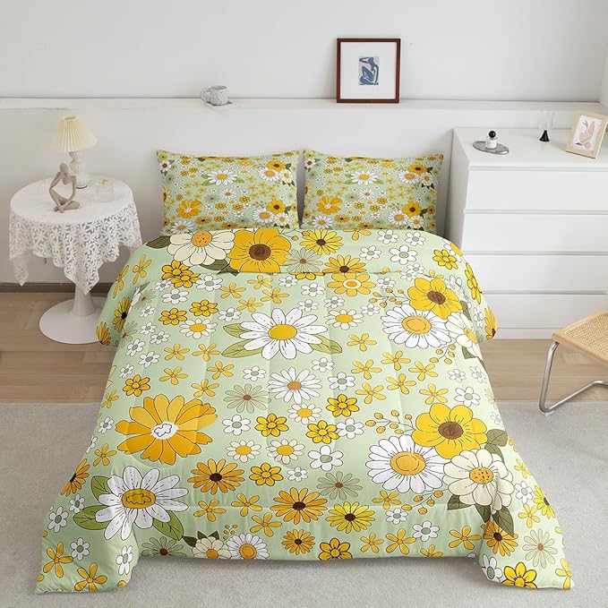 Vintage Floral Queen Size Comforter Set,Boho Spring Fresh Flowers Down Comforter Adults Bedroom Decor,Trippy Hippie Groovy Botanical Ultra Soft Microfiber Inner Fill 3Pcs Bedding