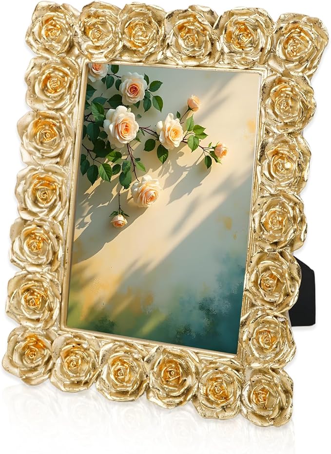Rose 4x6 Picture Frame, Gold Vintage Antique Picture Frames with Glass Front, Elegant Retro Carved Ornate Photo Frame, Resin Photo Frames for Tabletop or Wall Hanging, Vertical or Horizontal Photos Display
