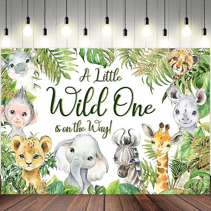 10x8ft Baby Shower Backdrop A Little Wild One is On The Way Photography Background Jungle Animals Tropical Green Leaf Newborn Birthday Party Banner Decorations Gender Reveal Photo Booth Prop