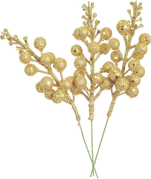 Lvydec 16pcs Christmas Glitter Berries Stems, 7.8" Artificial Christmas Picks for Christmas Tree Ornaments, DIY Xmas Wreath, Crafts, Holiday and Home Decor (Gold)