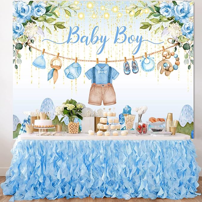 Blue Floral Baby Shower Backdrop Banner Decorations for Boy,Oh Baby Boy Outfit Backdrops Banner Watercolor Flower Photography Background for Baby Shower Party Supplies Photo Booth Props 5x3ft