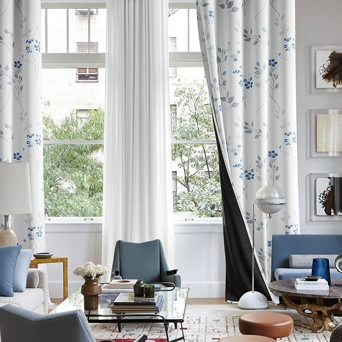 Beauoop Floral 100% Blackout Curtains 108 Inches Long 2 Panels for Bedroom Living Room Blue Grey and White Flower Patterned Room Darkening Thermal Soundproof Grommet Window Treatments Drapes, 52X108