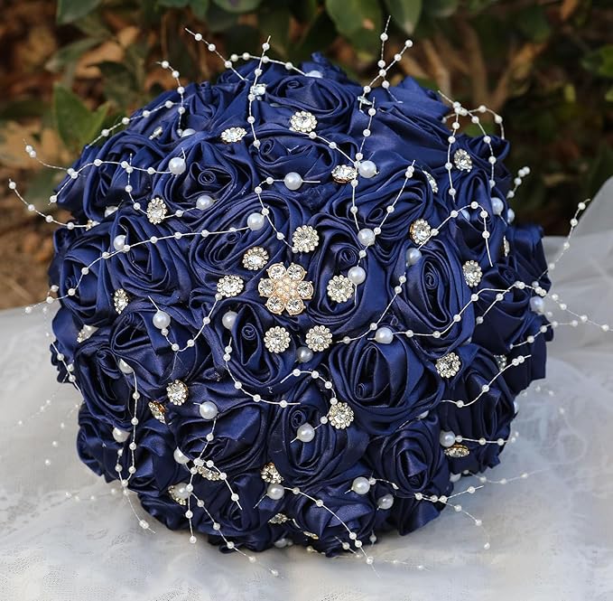 Bridal Wedding Bouquet Round Bling Brooch Bouquet Throw Toss Artificial Rose Flower Bunch for Bride Bridesmaid Wedding Quinceanera(Navy Blue, 6.3")