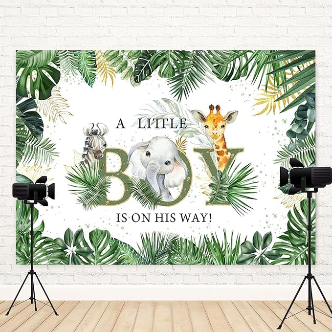 15x10ft Baby Shower Backdrop A Little Boy is On His Way Photography Background Jungle Animals Elephant Giraffe Green Gold Leaves Kids Party Banner Decorations Newborn Parties Photo Booth Prop