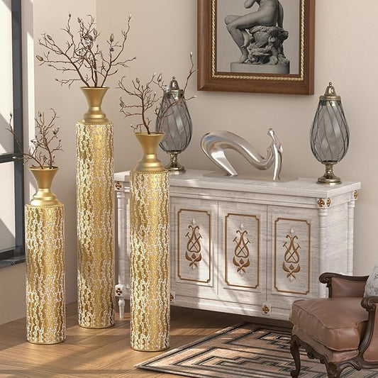 Metal Floor Vases Decorative, Set of 3 Flower Arrangement Stand, Metal Decorative Vase Tall Distressed Metallic Centerpiece Vases with Growing Vine Patterns, 34", 29", 25" H (Antique Gold1)