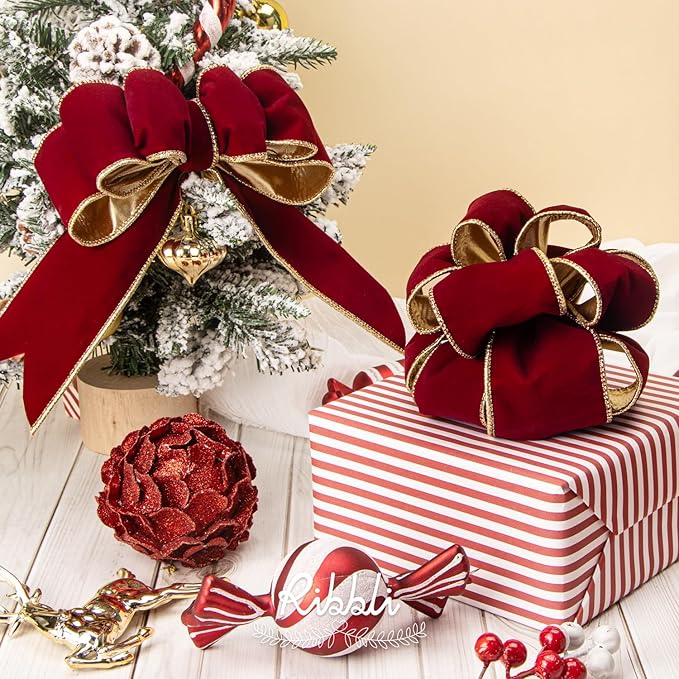 Ribbli Dark Red Velvet Wired Ribbon 4 Inch Luxury Matte Velvet Christmas Ribbon for Gift Wrapping Christmas Tree Decoration Crafts Wreaths Supplies - 10 Yards