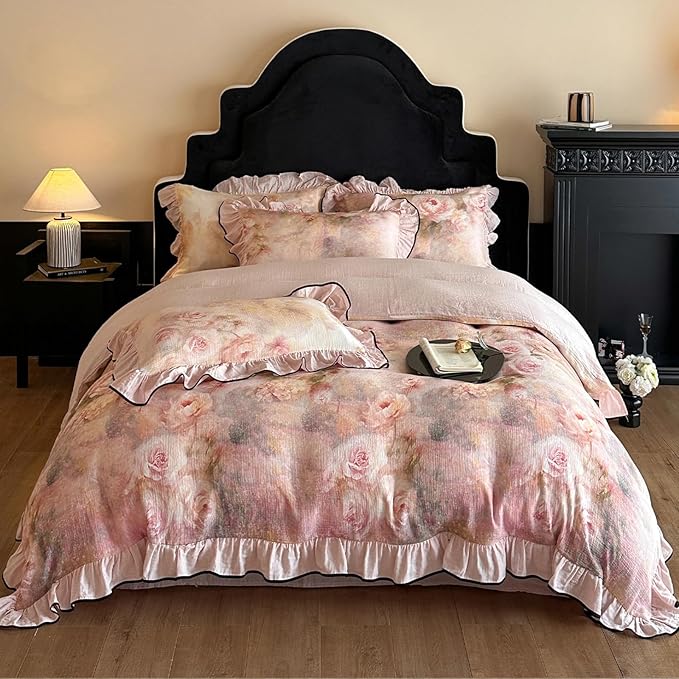 HighBuy Pink Floral Duvet Cover Twin XL Ruffle Lace Design,Premium Linen Cotton Yarn-Dyed Textured Coquette Rose Floral Comforter Cover Set for College,Farmhouse Bedding Set with 2 Pillowcases
