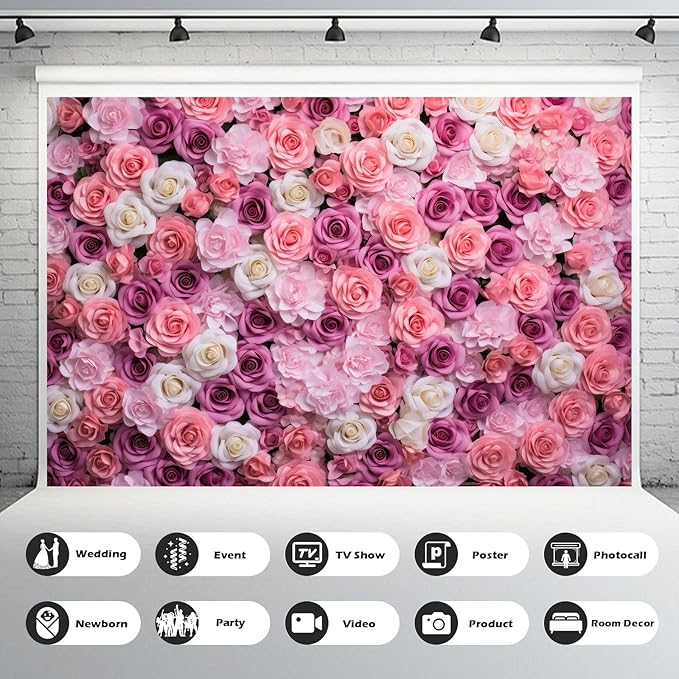 Pink Red Roses Backdrop Flowers Floral Wall Photography Background Baby Shower Wedding Birthday Party Banner Anniversary Decorations Girls Children Adults Portrait Video Studio Prop 12x8ft