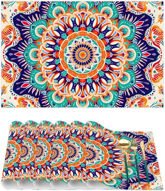 Ethnic Colorful Flower Mandala Placemats Set of 4 PVC Vinyl Non Slip Table Mats Waterproof Heat Resistant Place Mats Washable Wipeable Dining Table Mat for Kitchen Party Farmhouse Indoor Decorative