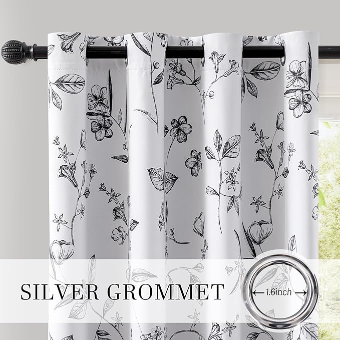 ChrisDowa 100% Blackout Floral Curtains 108 Inches Long 2 Panels for Bedroom Living Room Black Flower Patterned Room Darkening Thermal Insulated Soundproof Grommet Window Treatments Drapes,52X108