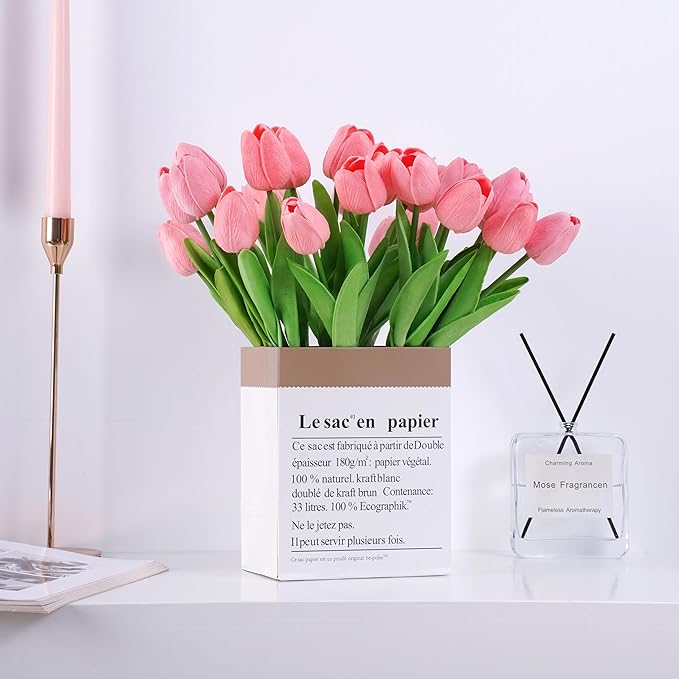 20pcs Pink Artificial Tulip Fake Flower 12.9 Inch Spring Mother's Day Easter Gift for Home Kitchen Wedding Decoration