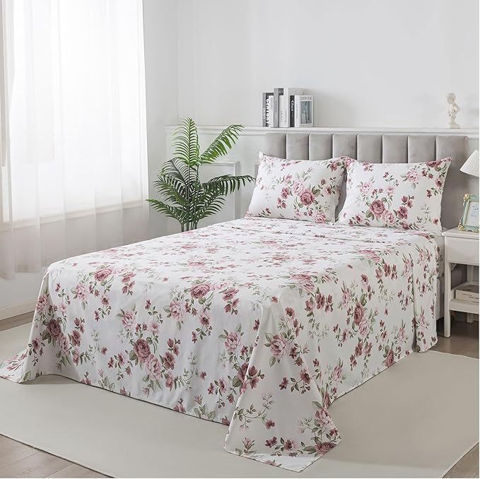 FADFAY Beige Vintage Floral Queen Size Sheets Set Premium 100% Cotton Shabby Brick Red Rose Pattern Bedding Set Deep Pocket Sheets with 2 Pillowcases Luxury Breathable Soft 4Pcs, Queen Size