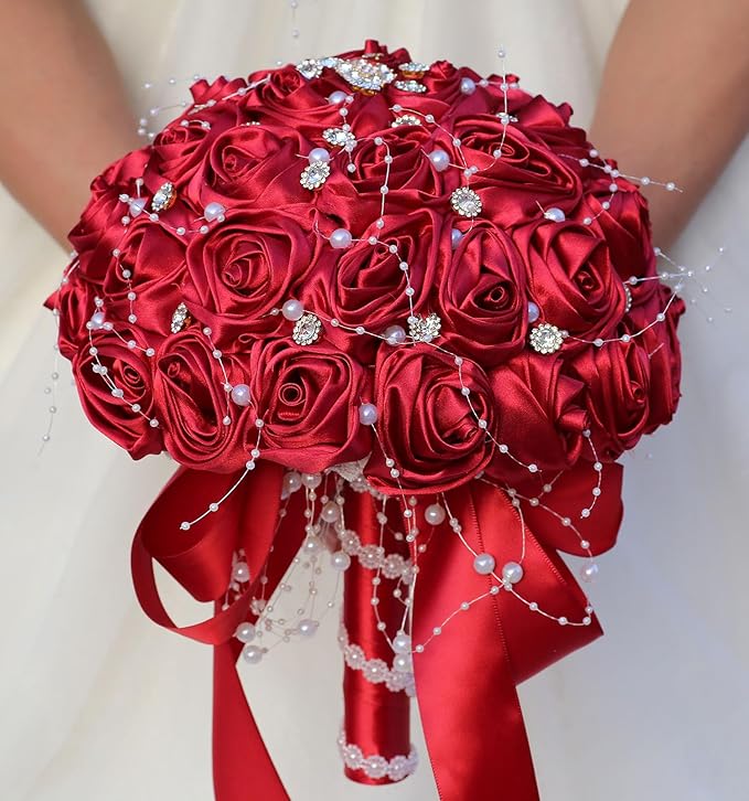 Bridal Wedding Bouquet Round Bling Brooch Bouquet Throw Toss Artificial Rose Flower Bunch for Bride Bridesmaid Wedding Quinceanera(Ruby Red, 8.7")