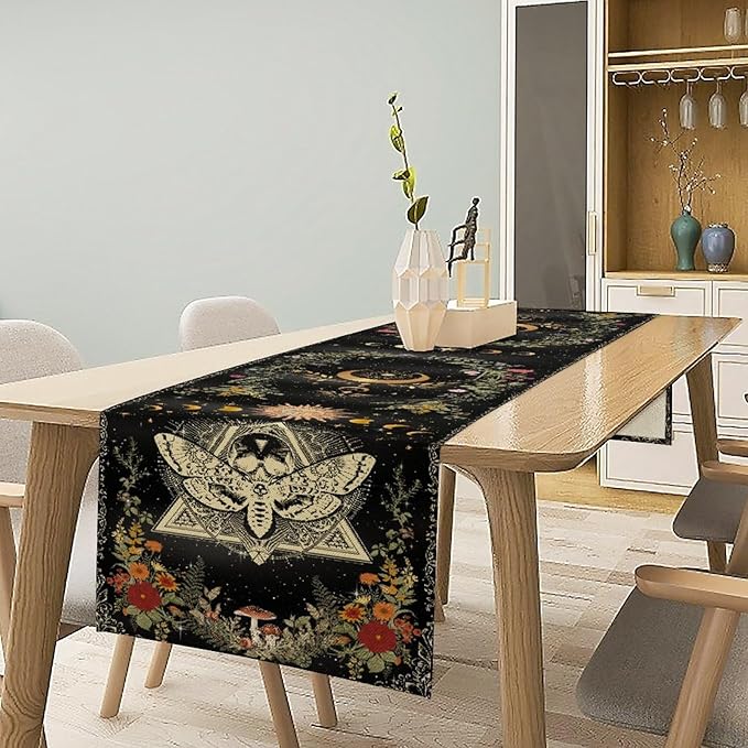 Gothic Moth Table Runner, Boho Gothic Sun Moon Phase Wildflower Mystical Witchy Farmhouse Coffee Table Center Decor for Home Kitchen Dining Patio Holiday Party Table Decorations 13x72 inches