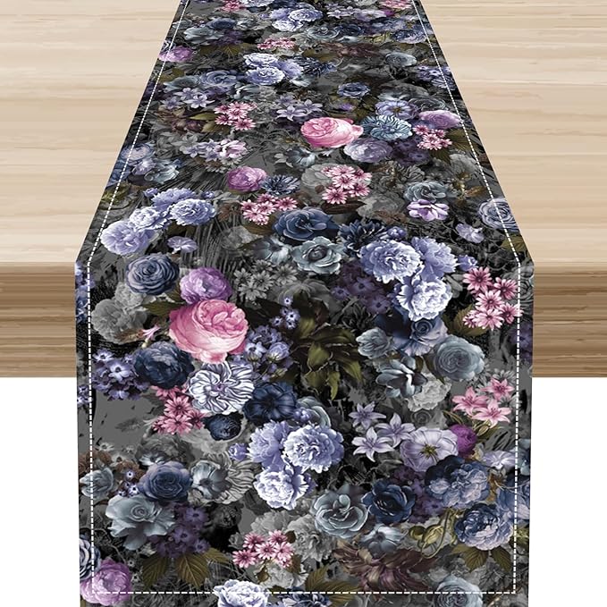 Vintage Floral Table Runner, Gothic Pink Blue Floral Boho Flower Garden Botanical Spring Seasonal Print Table Center Decor for Family Kitchen Table Decorations Indoor Outdoor 13x36 inch