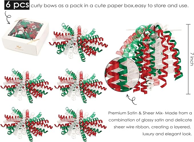 HUIHUANG Christmas Bows for Gift Wrapping Red/White/Green Curly Bows with Self Adhesive & Twist Tie, 7 inch X-mas Ribbon Bow for Presents, Gift Basket, Fall Decor, Party Favors- 6 Counts