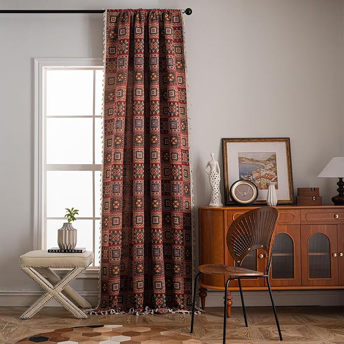 ENJOYBRIDAL Patchwork 63 Inch Curtains for Living Room Boho Drapes Bedroom Jacquard Bohemian Short Window Curtains 2 Panel Sets Semi Sheer Rod Pocket Red Cute Geometric Patterned Window Treatments