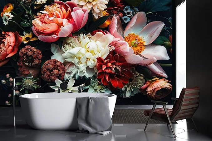 Large Floral Wallpaper Dark Peony Flowers Wall Mural for Living Room Bedroom（Not Peel and Stick）