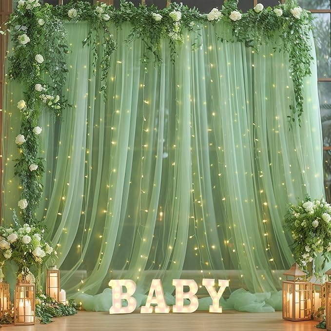 20ft x 10ft Green Backdrop Curtain with Lights String for Parties, Sheer Tulle Wedding Photo Backdrops Drapes for Baby Shower Birthday Party Decorations Background for Photography