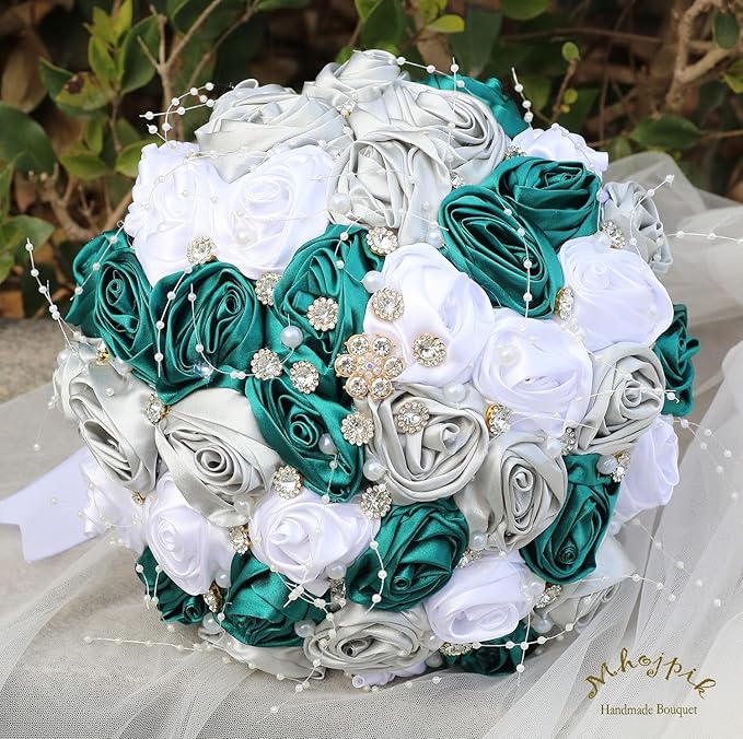 Bridal Wedding Bouquet Round Bling Brooch Bouquet Throw Toss Artificial Rose Flower Bunch for Bride Bridesmaid Wedding Quinceanera(Dark Green, Silver & White, 9.8")