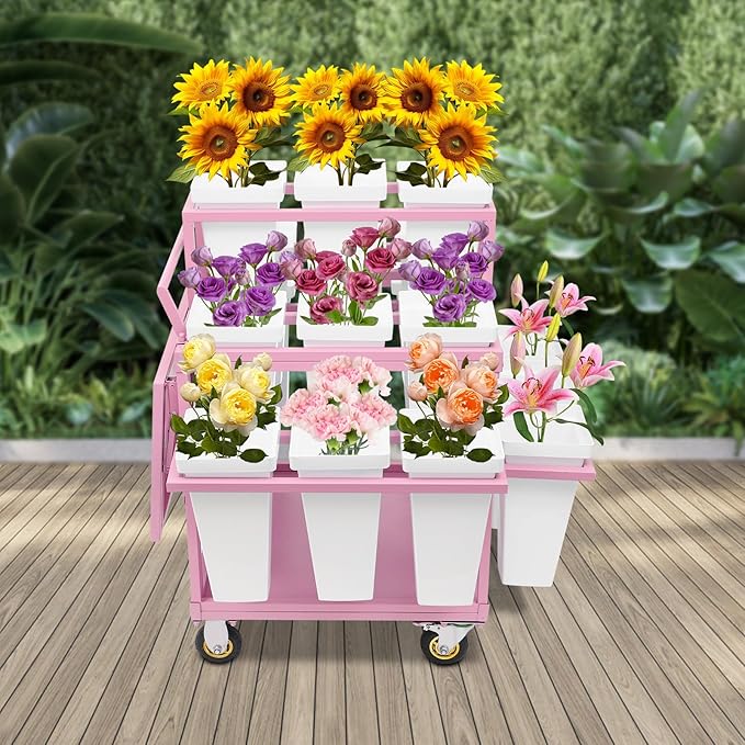 6-Tier Flower Display Stand Indoor Movable Flower Stand with 18 Buckets Plants Display Rack Cart with Wheels Metal Florist Bouquet Stand for Florist Patio Garden,23.62 * 23.62 * 36.61in (Pink)