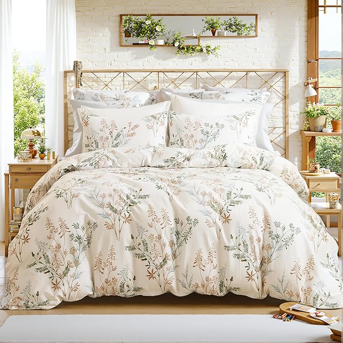 100% Cotton Duvet Cover King Size Ultra Soft Green Floral Comforter Cover with Luxurious Tan & Green Leaves on White, Reversible Lightweight Floral Duvet Cover Sets