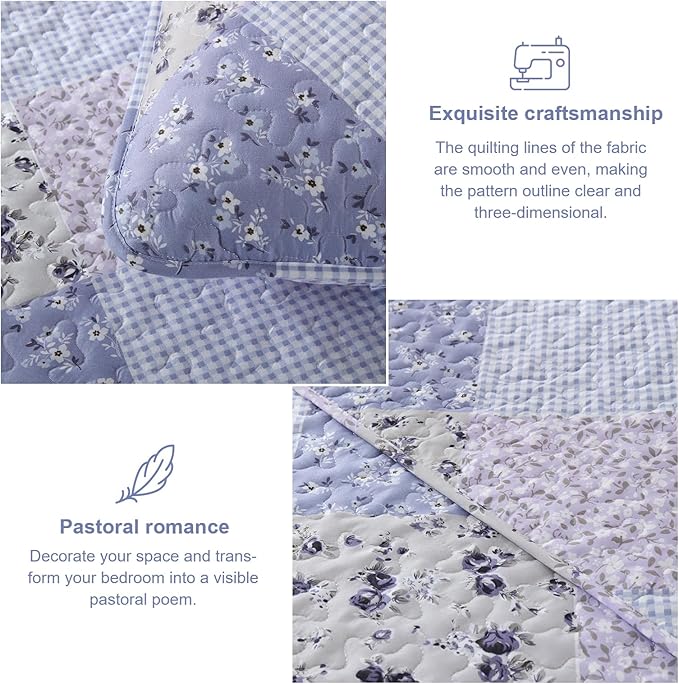 Dinjoy Lavender Quilt Set Queen Size, Reversible Floral Plaid Patchwork Pattern Bedding Set Soft Microfiber Lightweight Bedspread Coverlet 3 Piece Spring Summer Use (90x96inches)