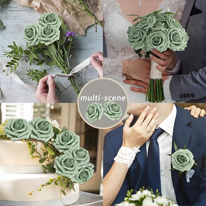 100PCS Elf Green Artificial Flowers Roses Real Looking Foam Fake Roses with Leaves for DIY Wedding Bouquets Bridal Shower Party Decorations (Elf Green, 100)