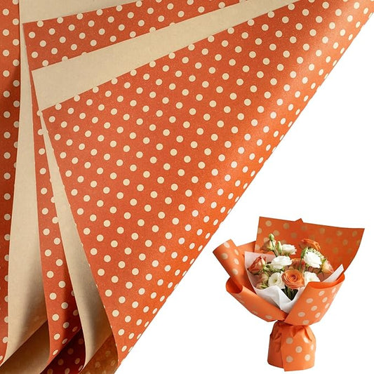 LeZakaa 20 Sheets Kraft Dots Flower Wrapping Paper, Reversible Orange with White Polka Dots Floral Bouquet Paper for Valentines, Mothers Day, Wedding Party, Fall Birthday, Thanksgiving Autumn Decor